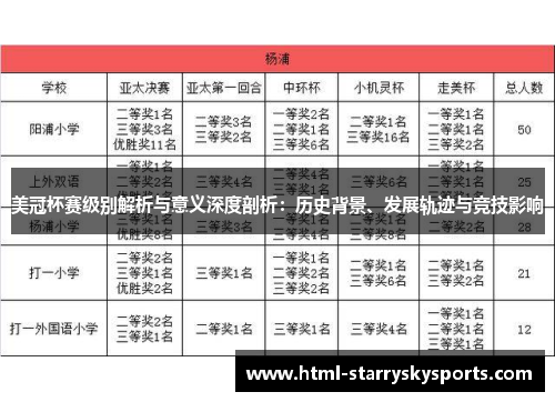 美冠杯赛级别解析与意义深度剖析：历史背景、发展轨迹与竞技影响